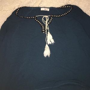 Q Dark Teal Peasant Tasseled Blouse